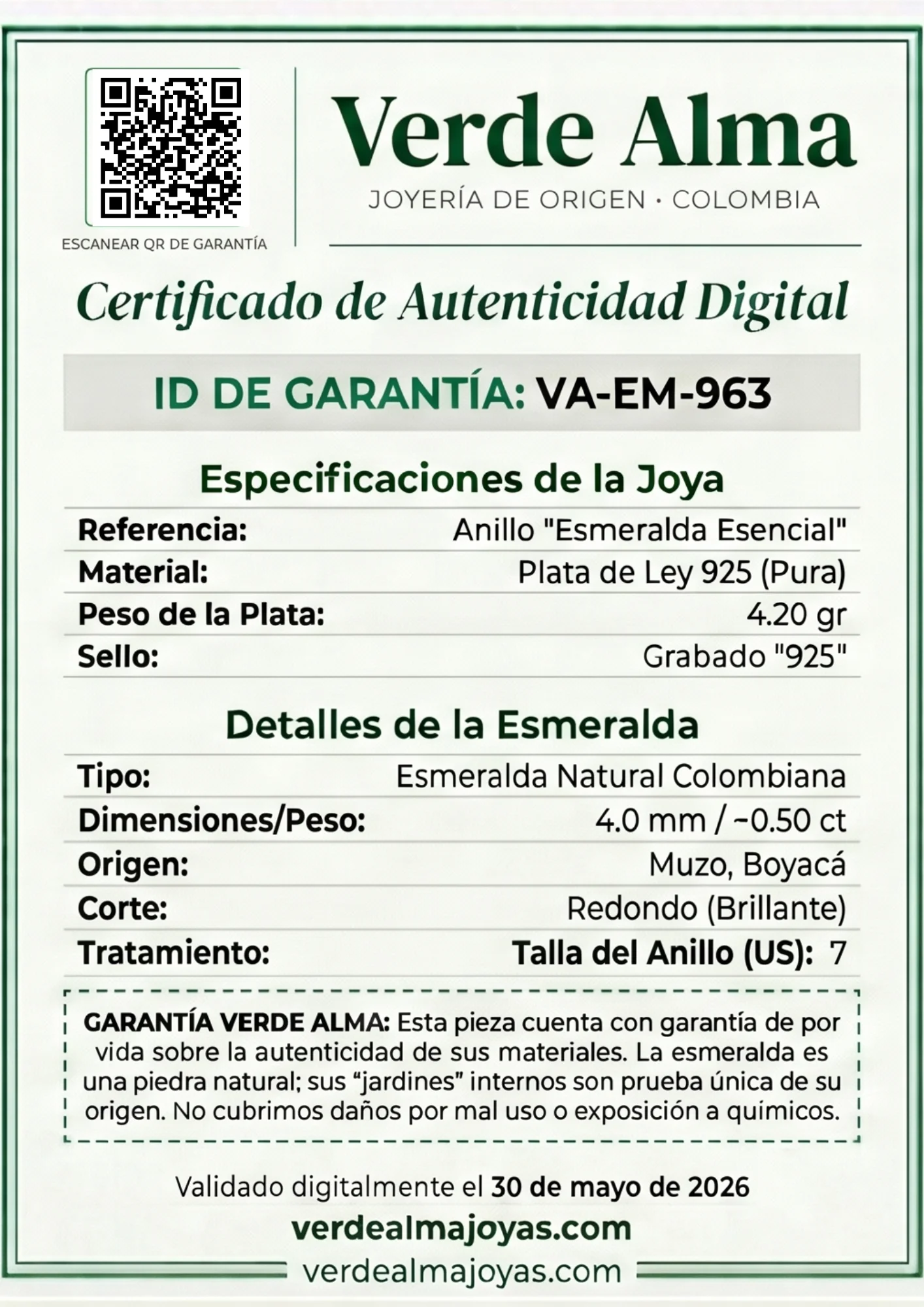 Certificado físico Verde Alma con QR único — autenticidad verificable